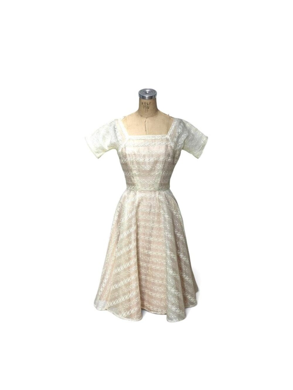 1950s embroidered organdy dress with taffeta slip by Anne Fogarty Size S